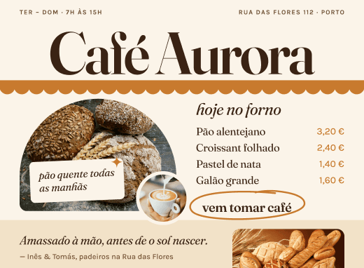 Demonstração de site para café com carta e especialidades