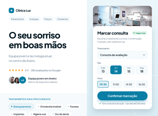 Demonstração de site para clínica dentária com tratamentos e equipa