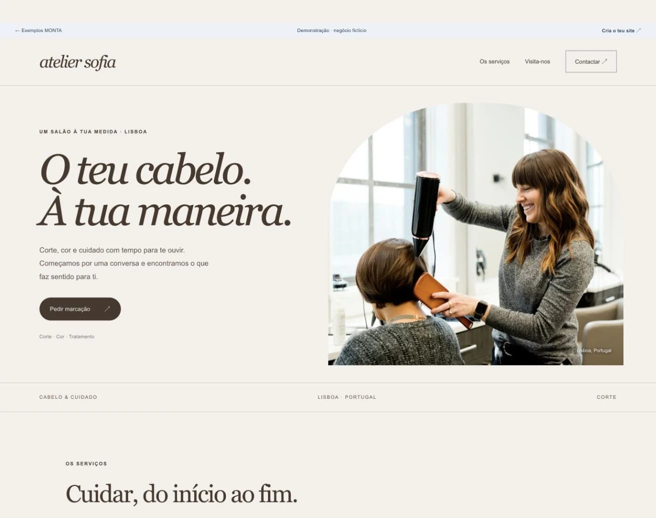 Site de demonstração Atelier Sofia com fotografia de um salão, serviços de corte e cor e pedido de marcação