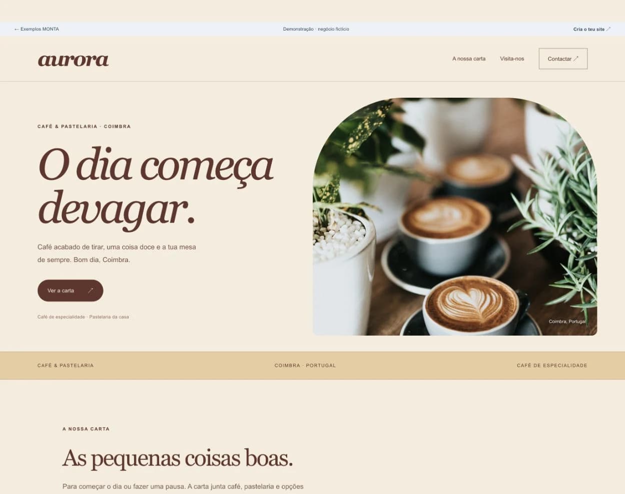 Site de demonstração Café Aurora com fotografia de café, carta com preços e informação sobre encomendas