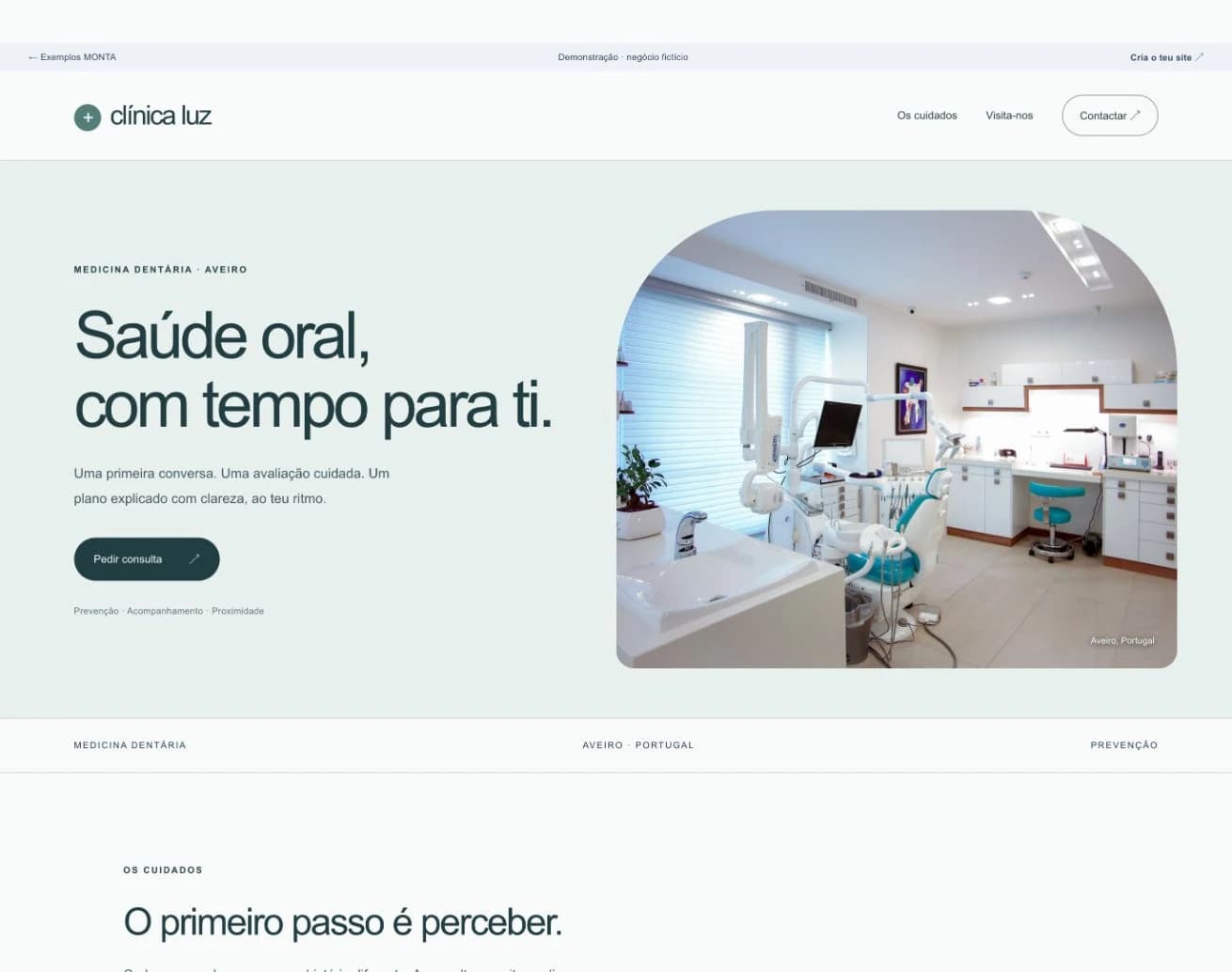 Site de demonstração Clínica Luz com gabinete dentário, áreas de acompanhamento e pedido de consulta