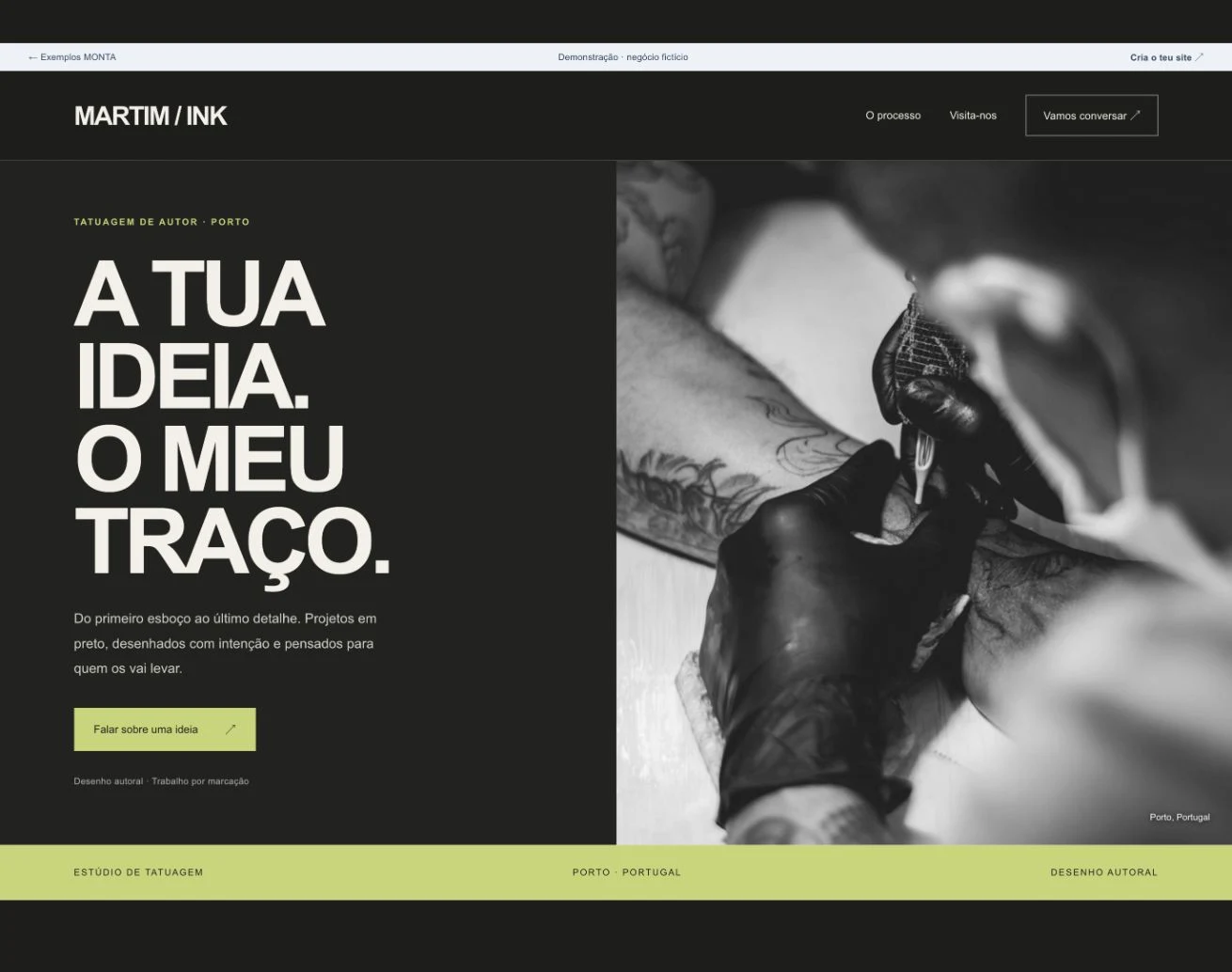Site de demonstração Martim Ink com tipografia expressiva, fotografia de uma sessão e processo de marcação