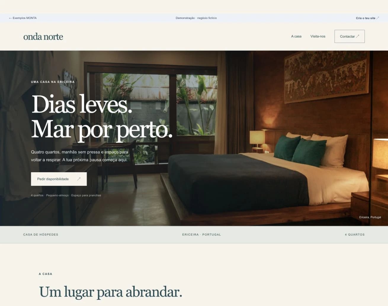 Site de demonstração Onda Norte com fotografia de quarto, tipologias e pedido de disponibilidade